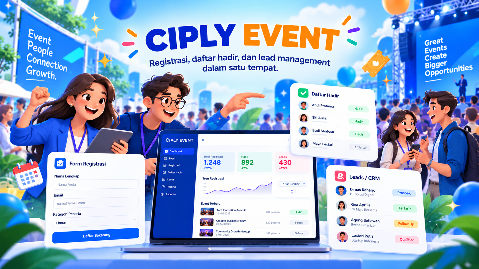 Ilustrasi CIPLY EVENT: registrasi, daftar hadir, dan manajemen lead
